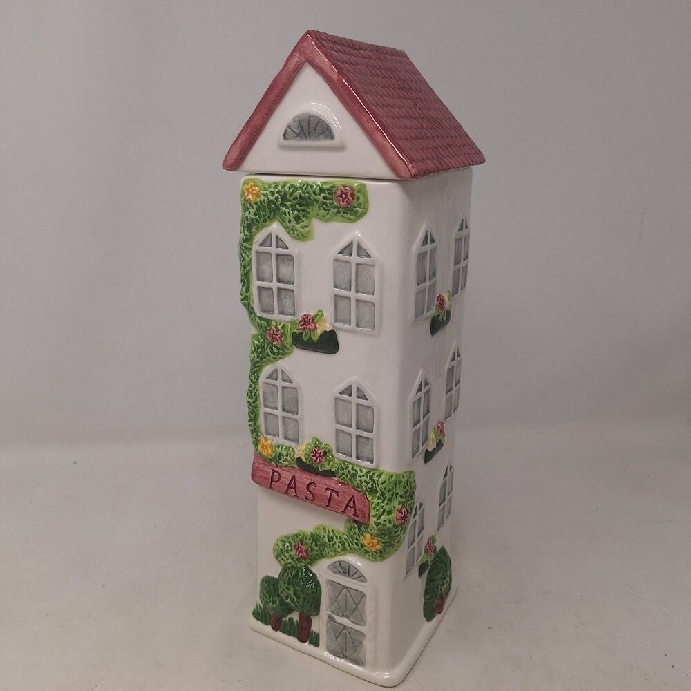 Vintage Tall House Shaped Spaghetti Pasta Holder Ceramic Pink White Canister
